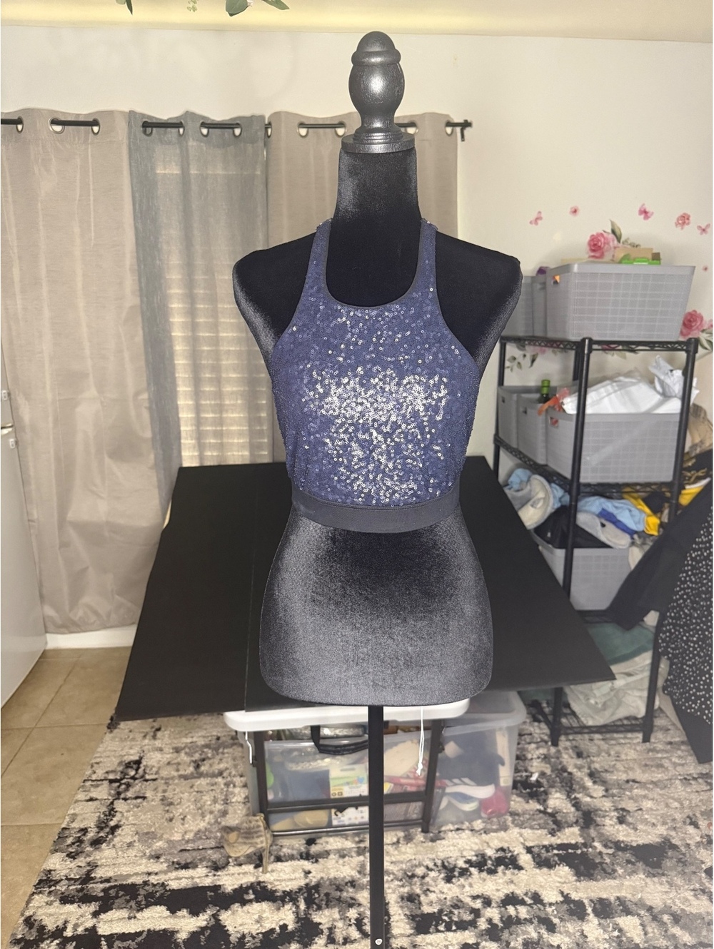 Express Sequin Embellished Navy Blue Crop Top Tank